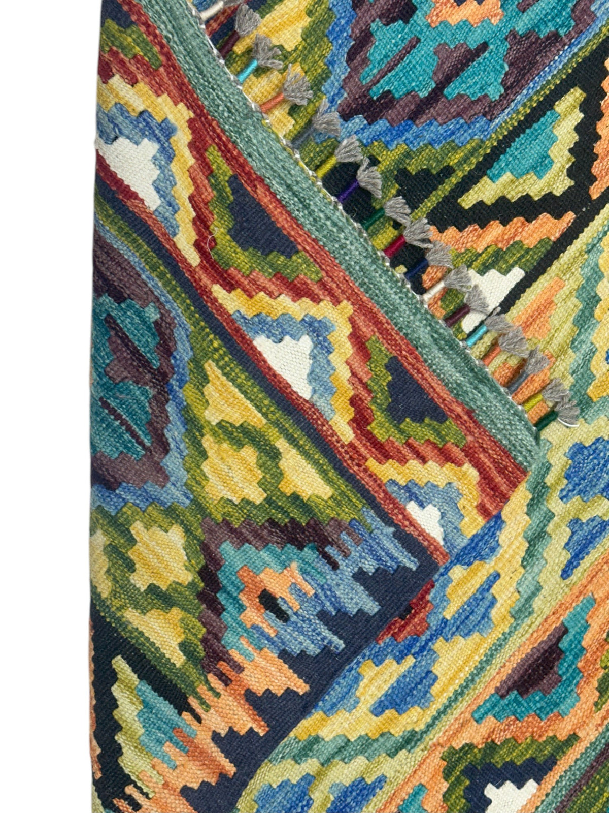 Afghan Kilim Rug 3x5, Teal, Gold & Green, Striped Wool Flatweave, view 3