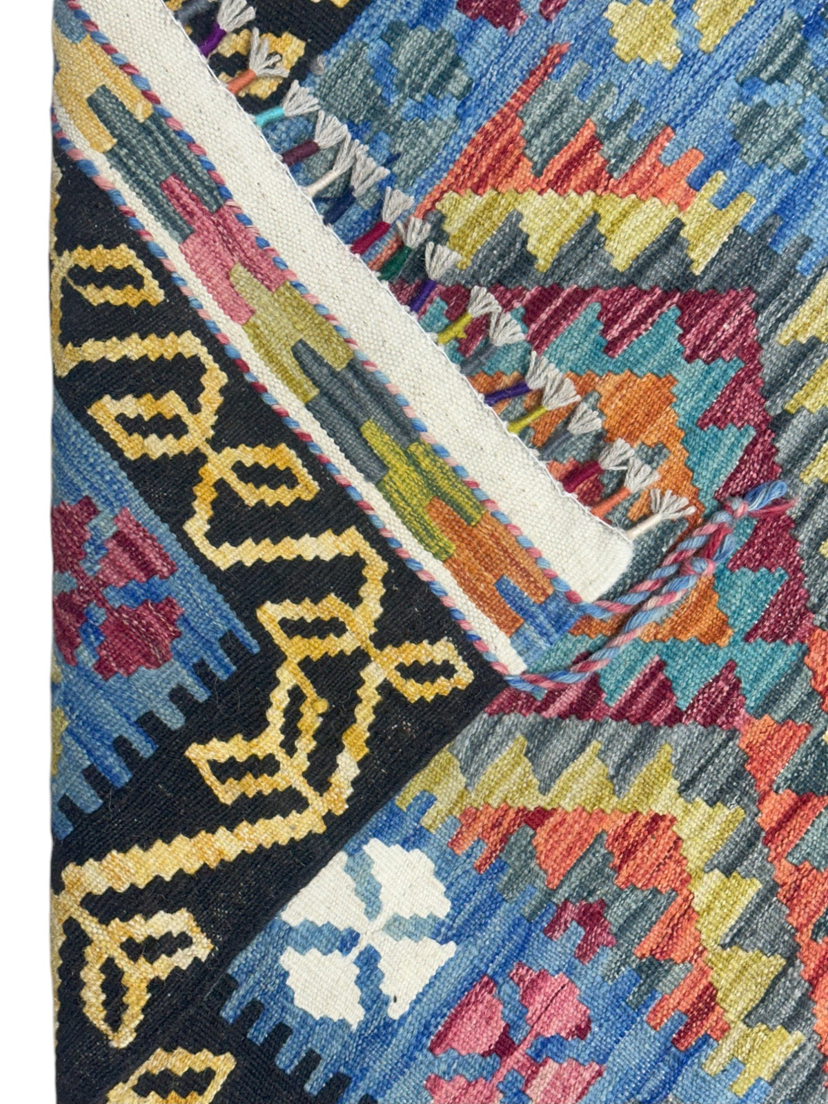 Afghan Kilim Rug 3x6, Blue, Black & Gold, Diamond Medallion Wool Flatweave, view 3