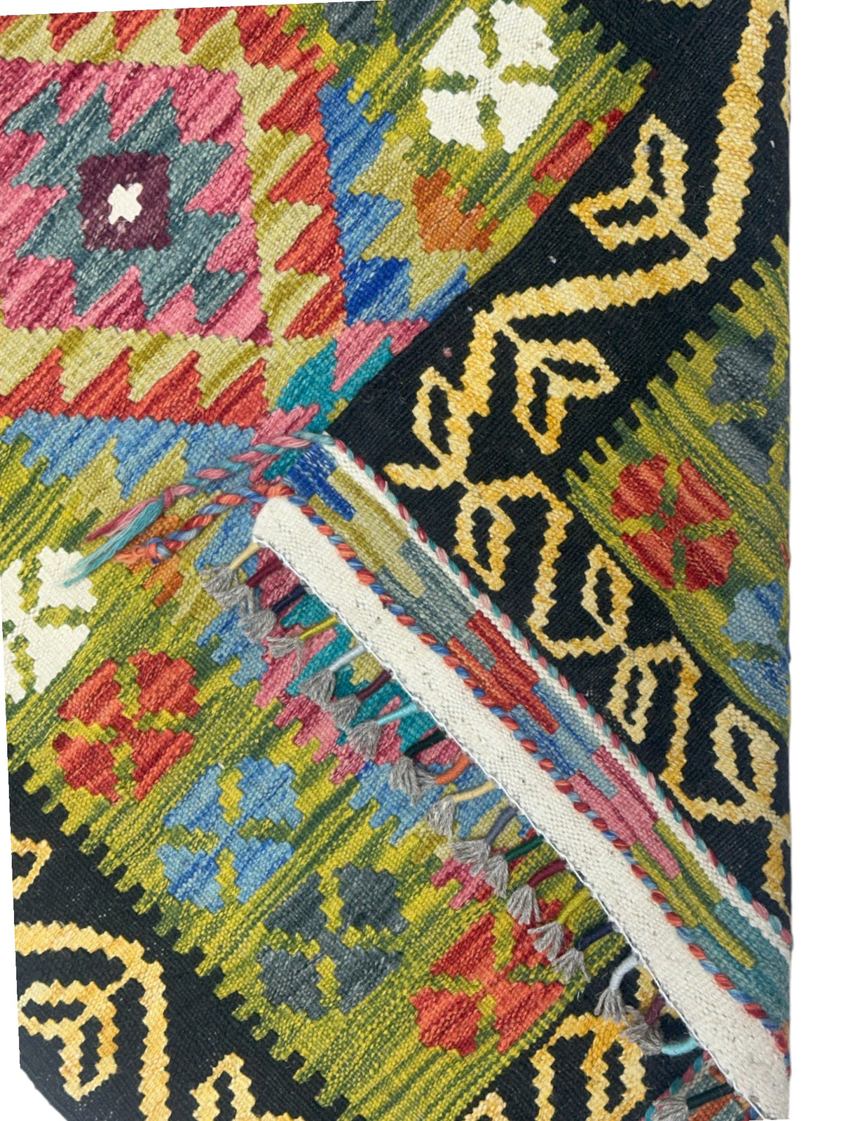 Afghan Kilim Runner 3x7, Olive Green, Black & Gold, Hand-Woven Wool Flatweave, view 3