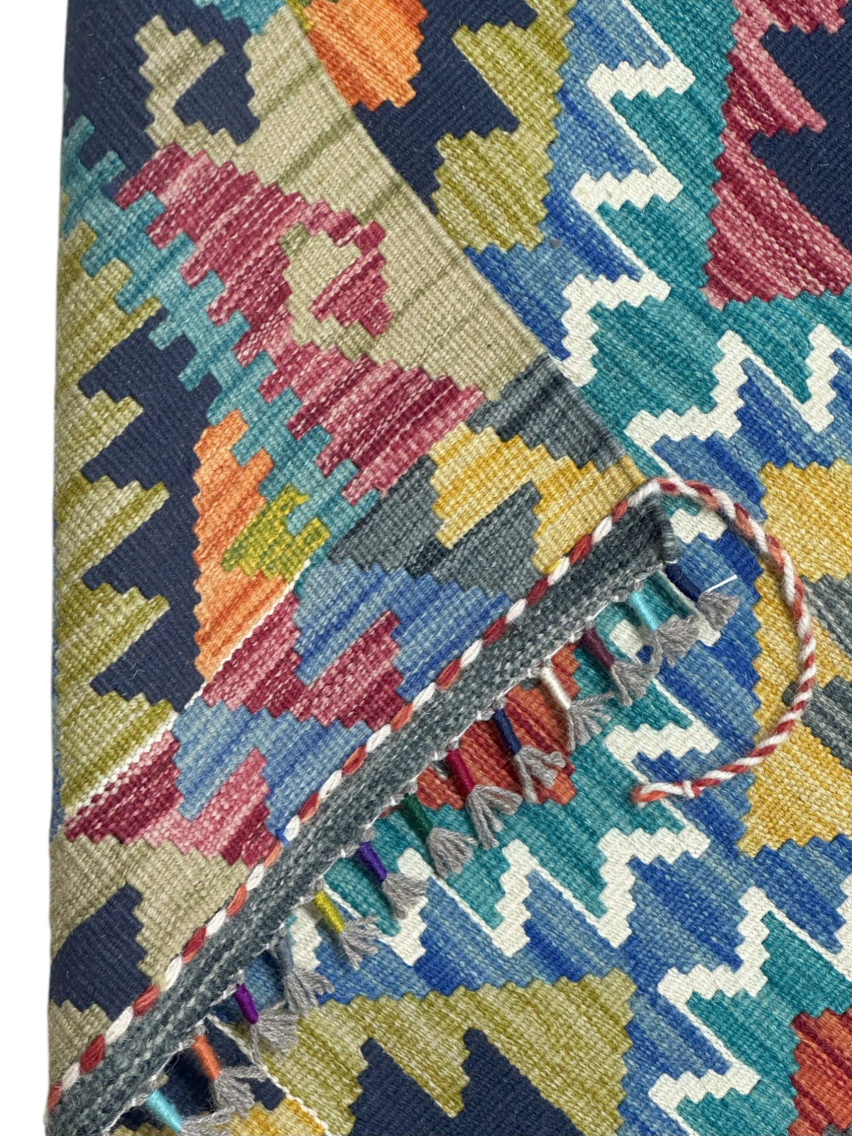 Afghan Kilim Rug 3x5, Teal, Olive Green & Navy, Hand-Woven Wool Flatweave, view 3