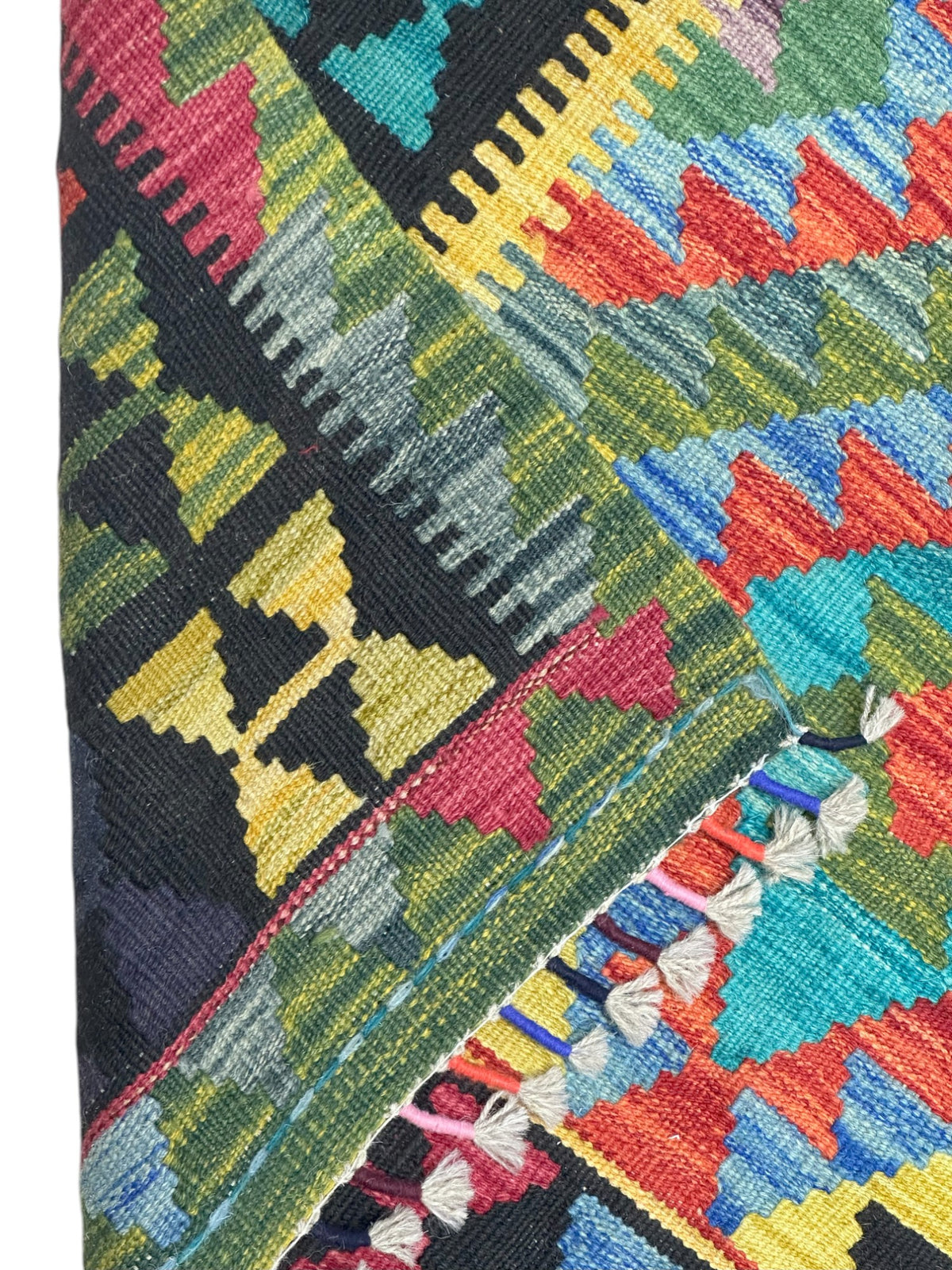 Afghan Kilim Rug 4x5, Black, Teal & Green, Hand-Woven Wool Flatweave, view 3