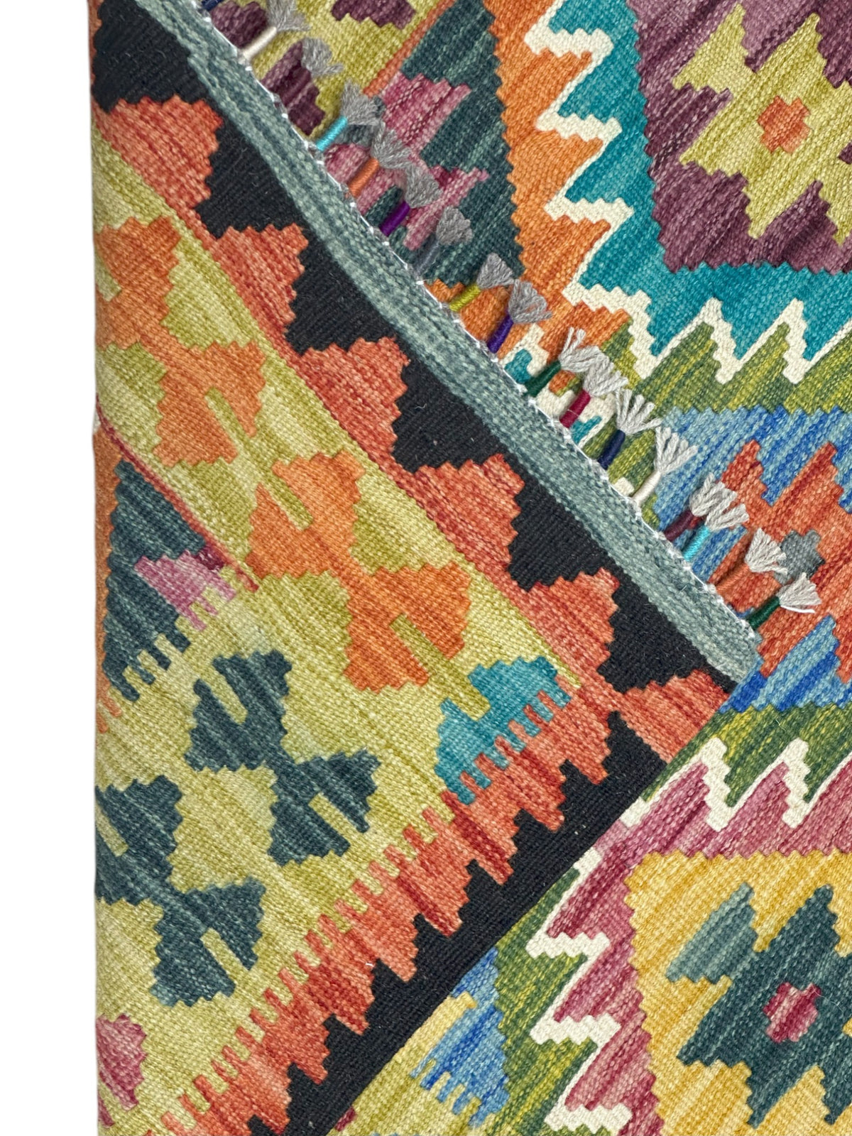 Afghan Kilim Rug 3x5, Orange, Teal & Gold, Hand-Woven Wool Flatweave, view 3
