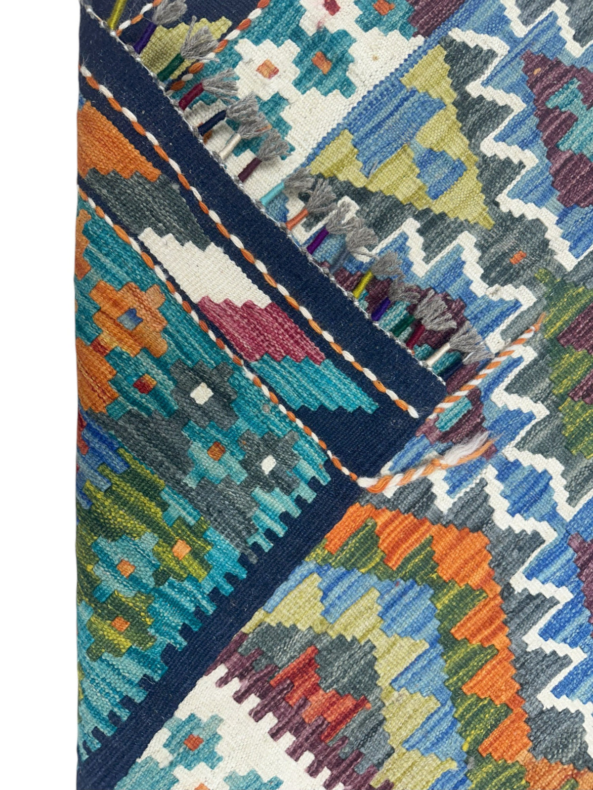 Afghan Kilim Rug 4x5, Teal, Blue & Green, Hand-Woven Wool Flatweave, view 3