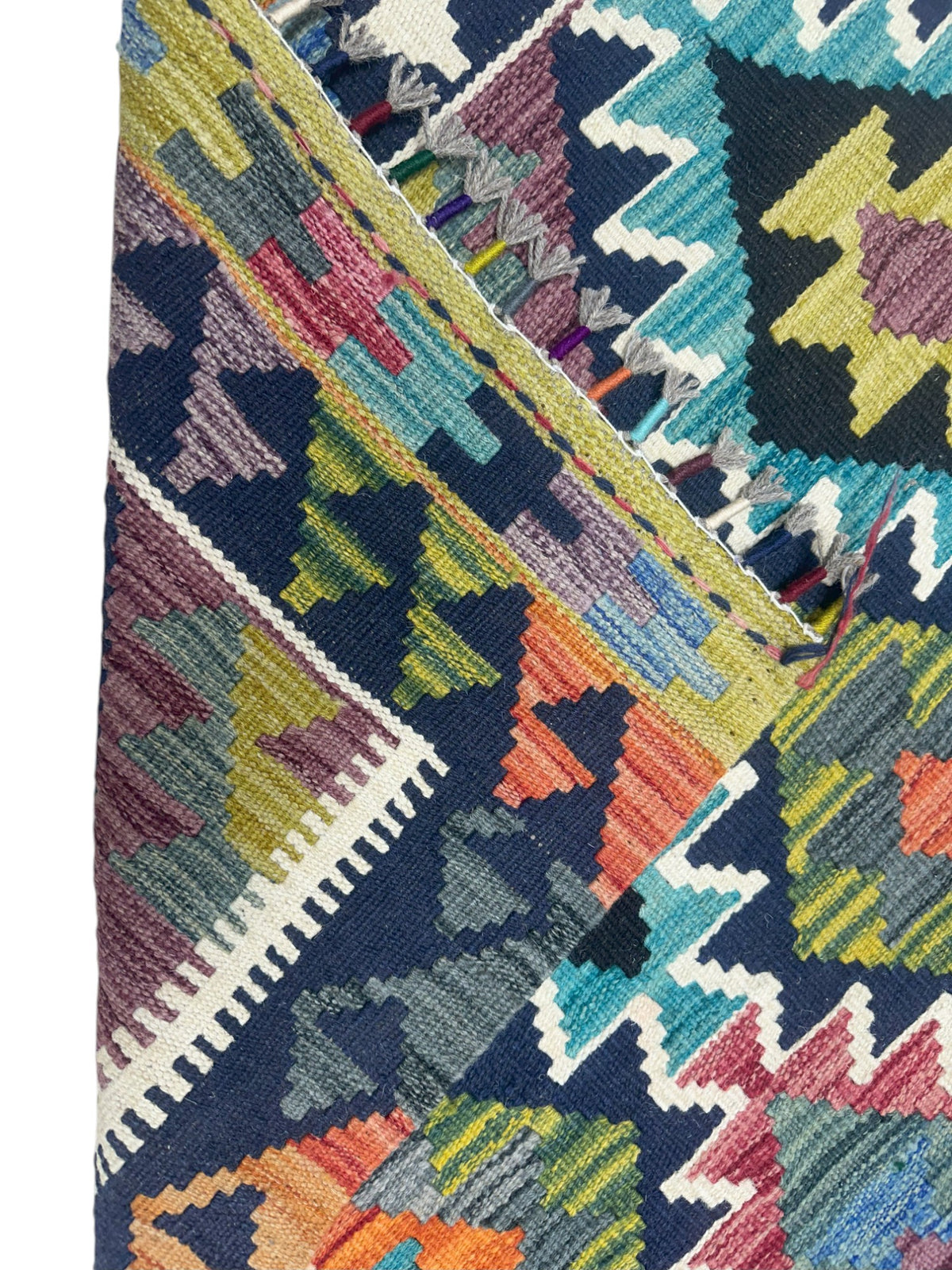 Afghan Kilim Rug 3x5, Navy, Olive Green & Teal, Hand-Woven Wool Flatweave, view 3