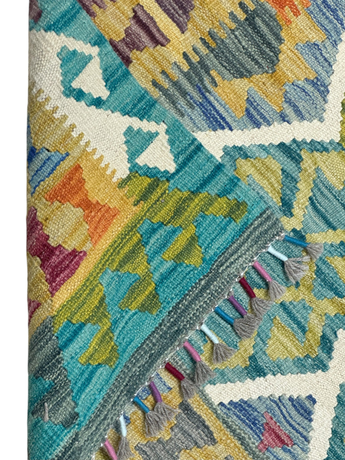 Afghan Kilim Rug 3x5, Teal, Olive Green & Ivory, Diamond Lattice Wool Flatweave, view 3