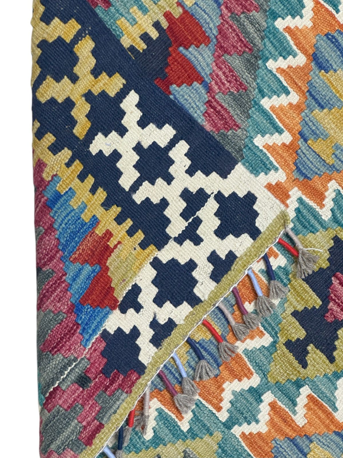 Afghan Kilim Rug 3x5, Olive Green, Orange & Navy, Hand-Woven Wool Flatweave, view 3