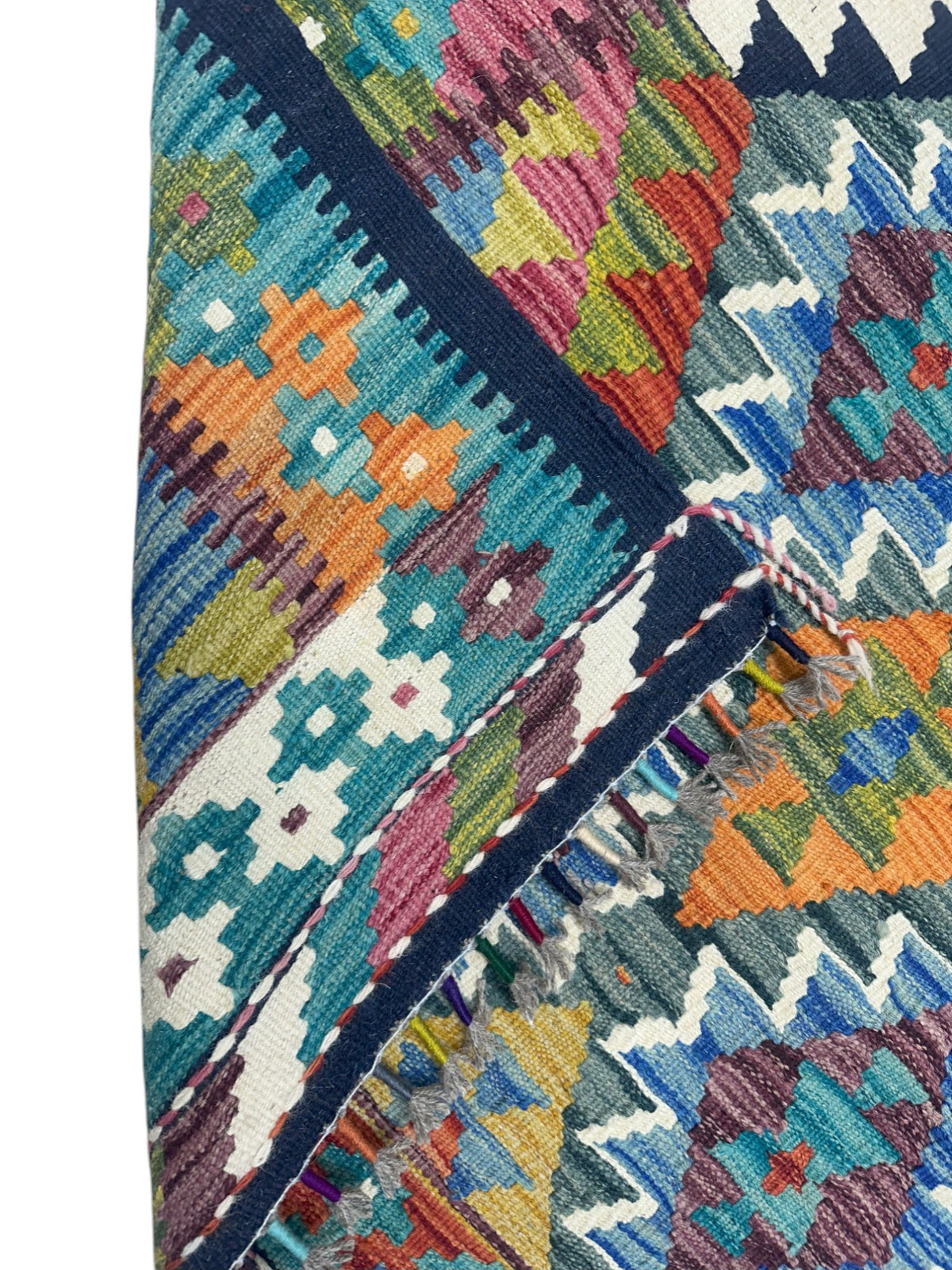 Afghan Kilim Rug 3x5, Blue, Olive Green & Navy, Hand-Woven Wool Flatweave, view 2