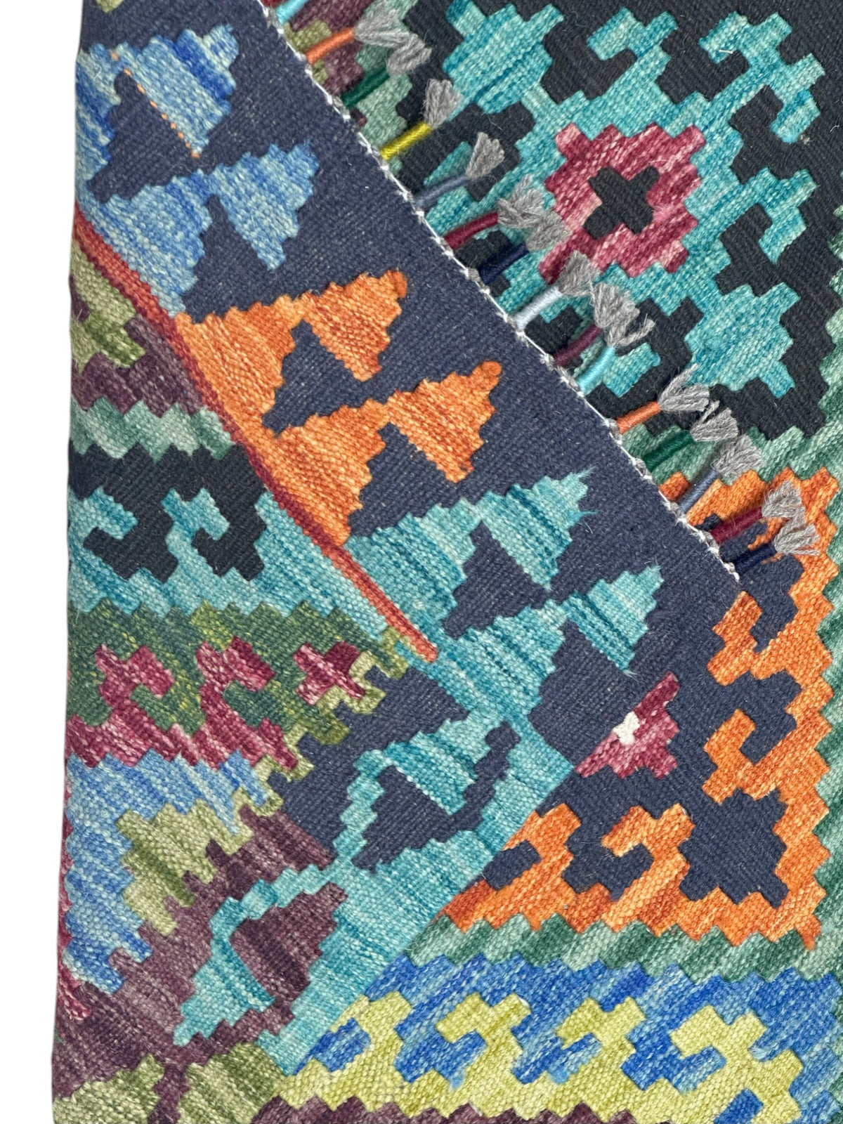 Afghan Kilim Rug 3x5, Teal, Gold & Green, Hand-Woven Wool Flatweave, view 3