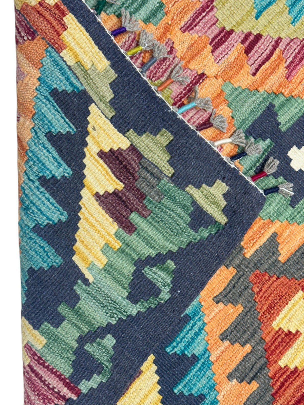 Afghan Kilim Rug 3x5, Orange, Navy & Teal, Hand-Woven Wool Flatweave, view 3