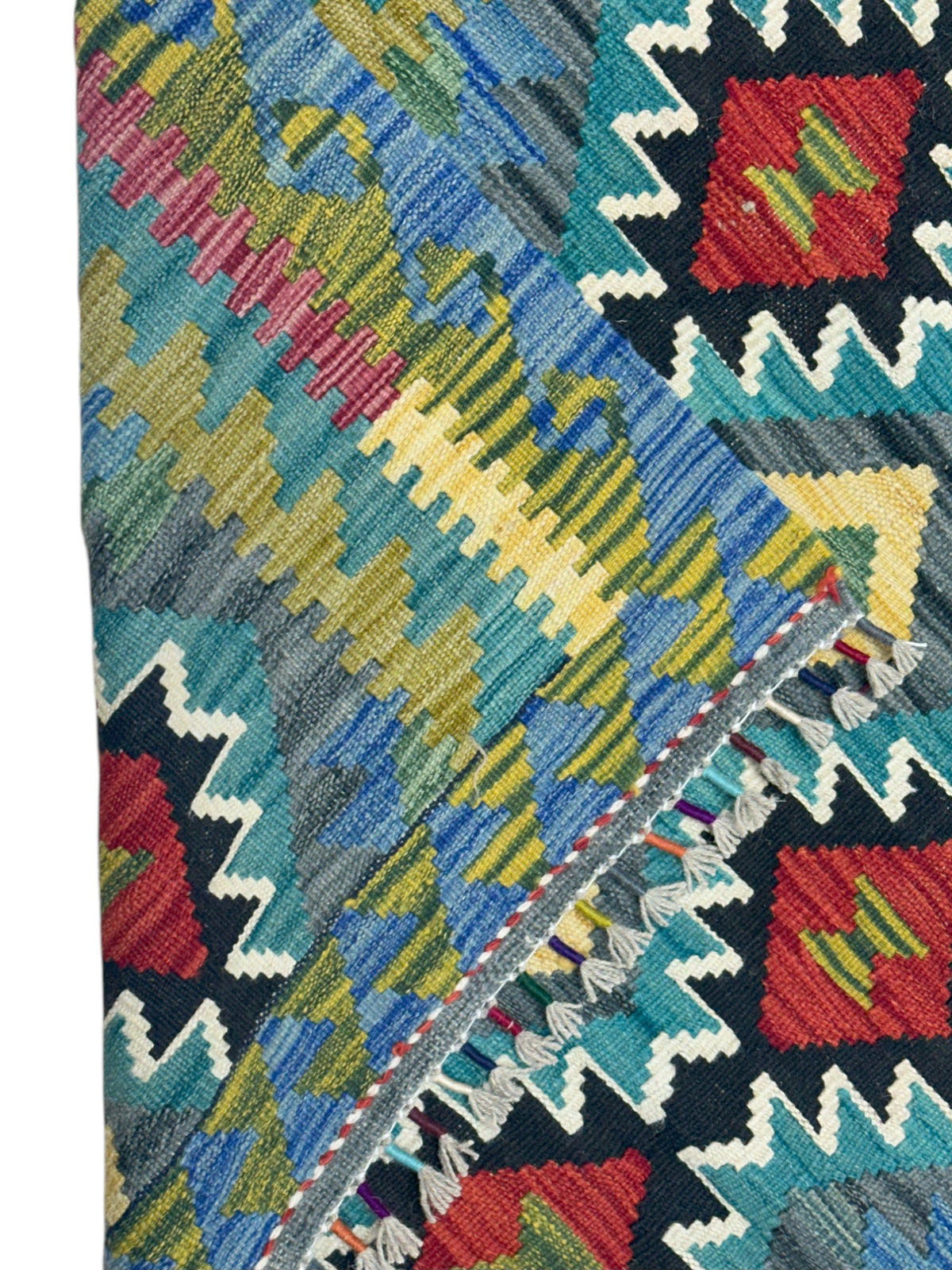 Afghan Kilim Rug 4x5, Teal, Olive Green & Black, Hand-Woven Wool Flatweave, view 3