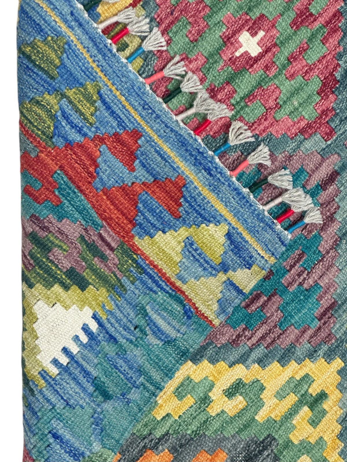 Afghan Kilim Rug 4x5, Green, Teal & Pink, Hand-Woven Wool Flatweave, view 3