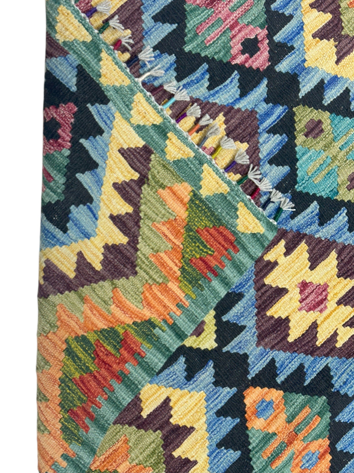 Afghan Kilim Rug 3x5, Green, Navy & Blue, Hand-Woven Wool Flatweave, view 3