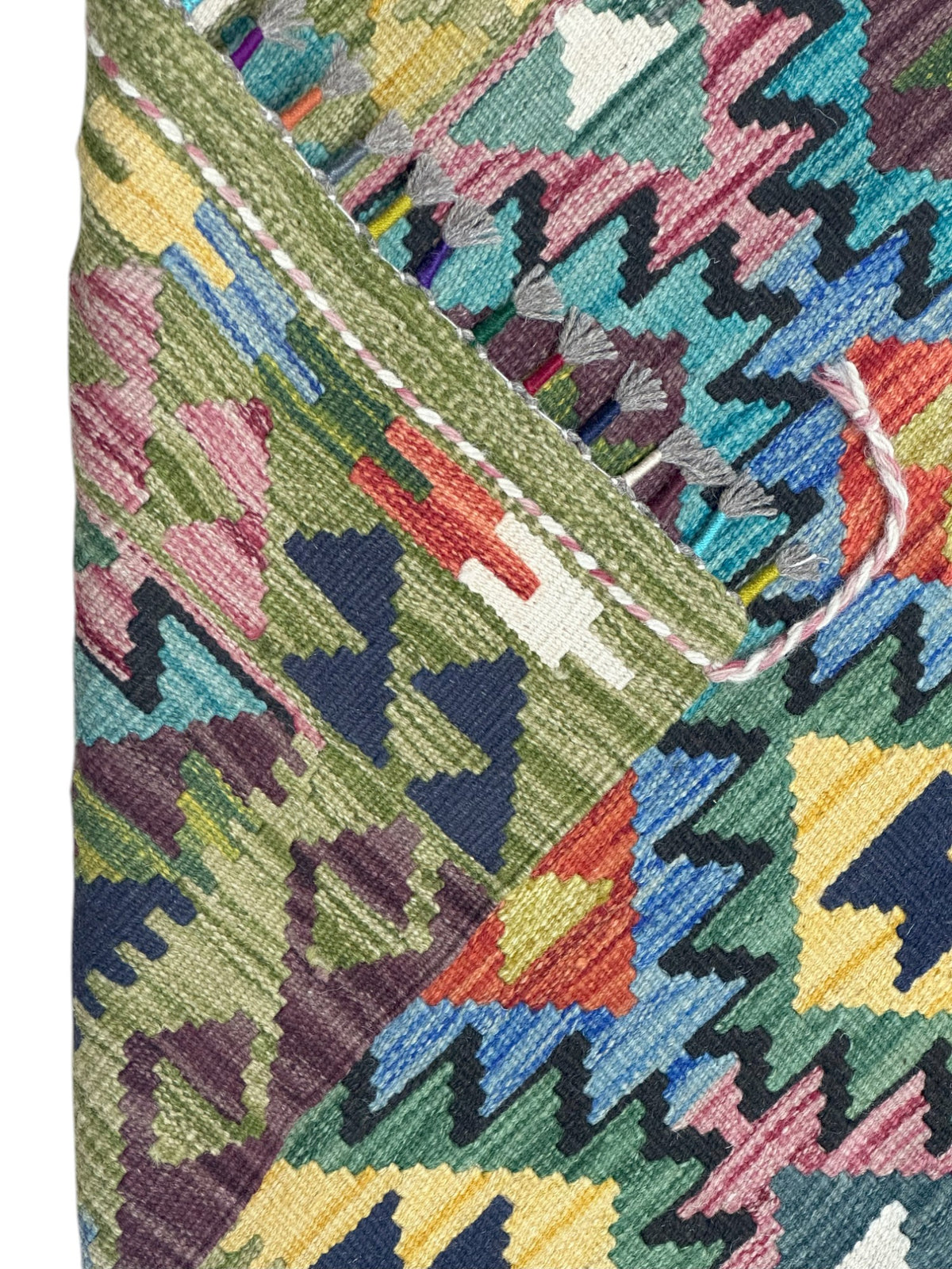 Afghan Kilim Runner 3x6, Teal, Gold & Navy, Hand-Woven Wool Flatweave, view 3