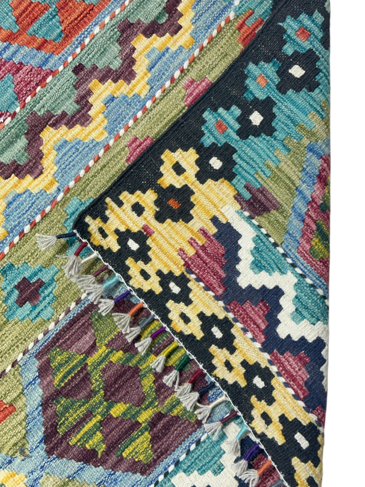 Afghan Kilim Rug 5x7, Gold, Black & Olive Green, Hand-Woven Wool Flatweave, view 3