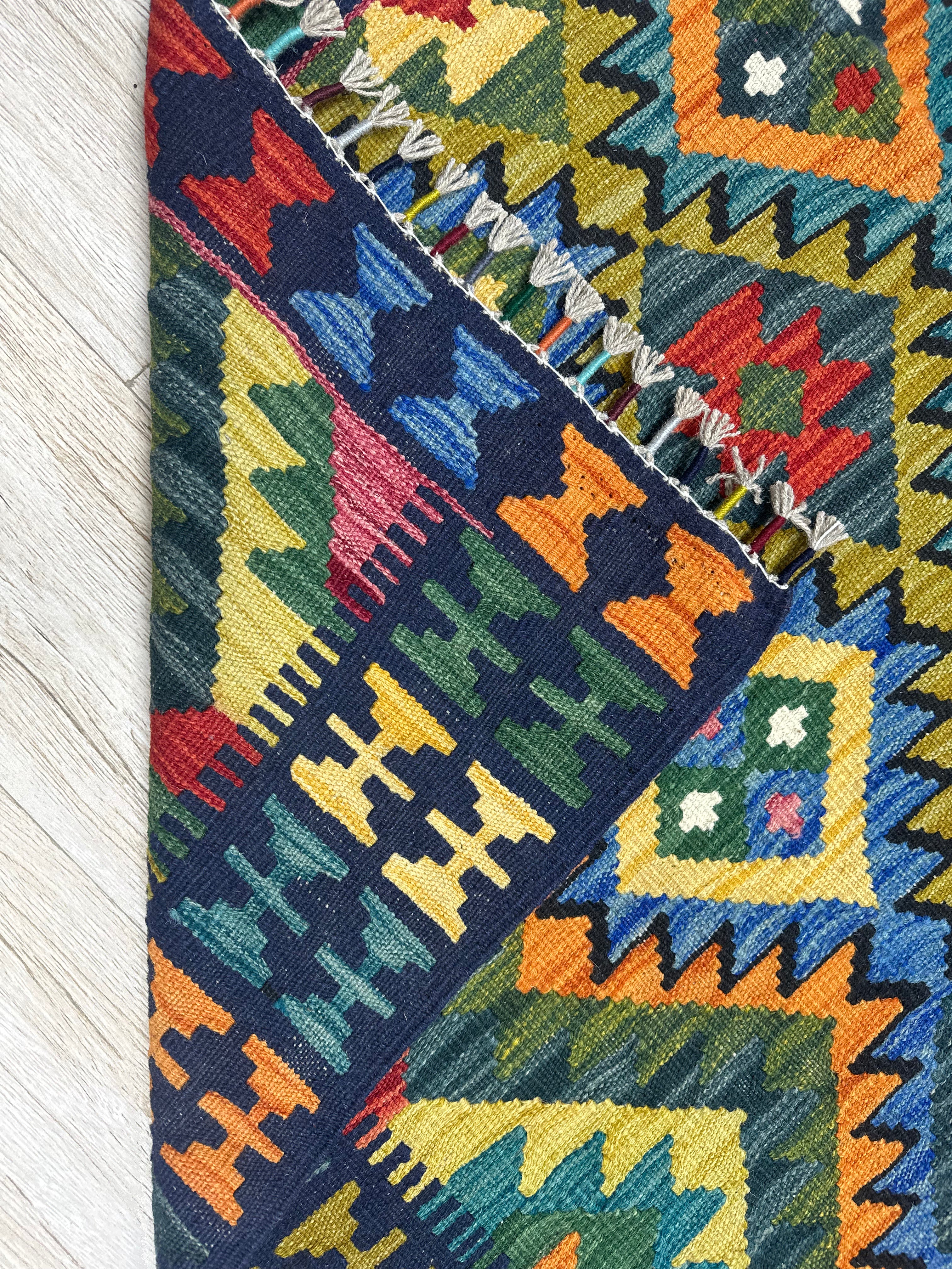 Afghan Kilim Rug 5x7, Green, Olive Green & Navy, Hand-Woven Wool Flatweave, view 3