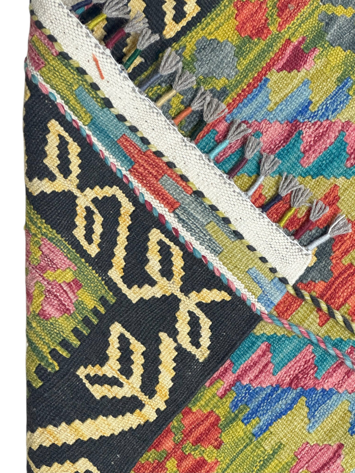 Afghan Kilim Runner 3x7, Olive Green, Black & Ivory, Hand-Woven Wool Flatweave, view 3