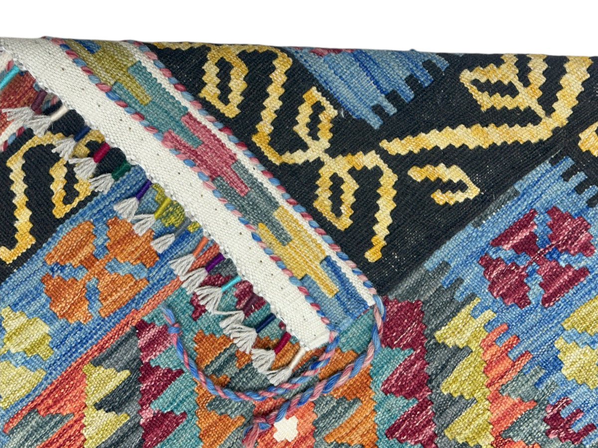 Afghan Kilim Rug 3x6, Blue, Black & Gold, Hand-Woven Wool Flatweave, view 3