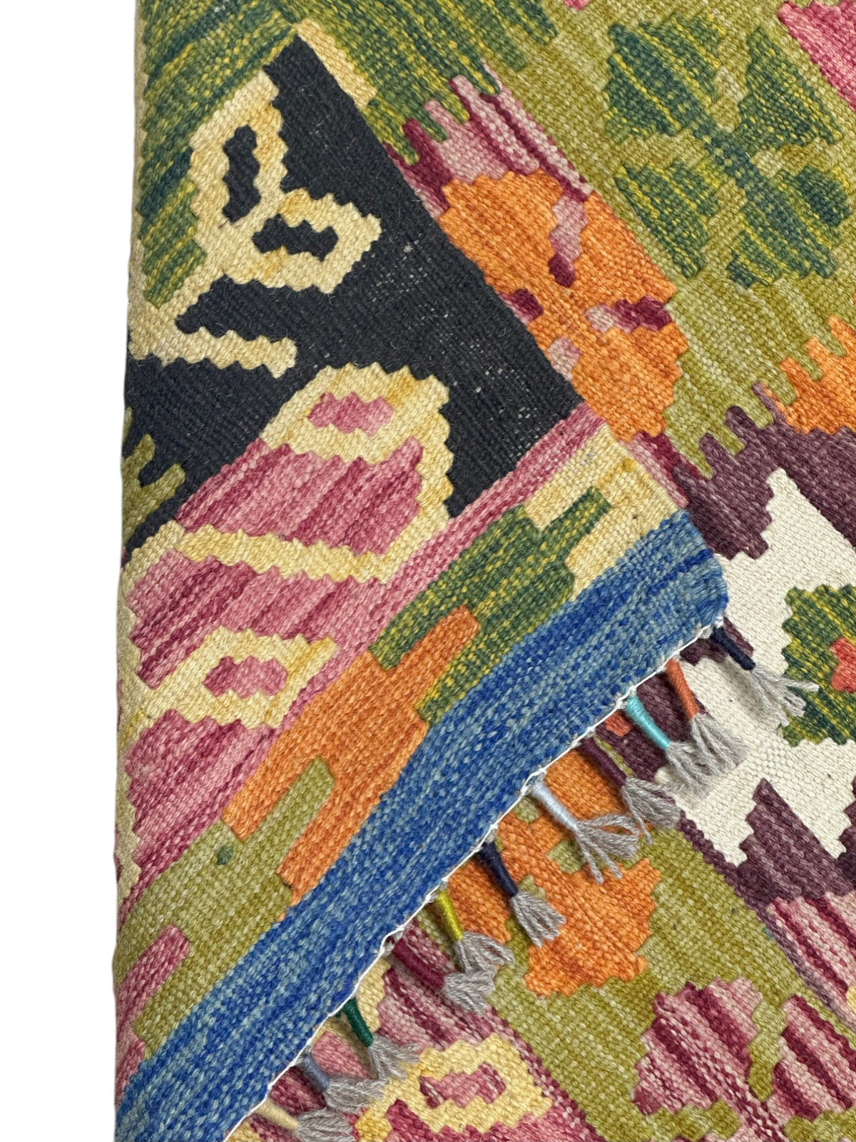 Afghan Kilim Runner 3x6, Olive Green, Black & Pink, Hand-Woven Wool Flatweave, view 3