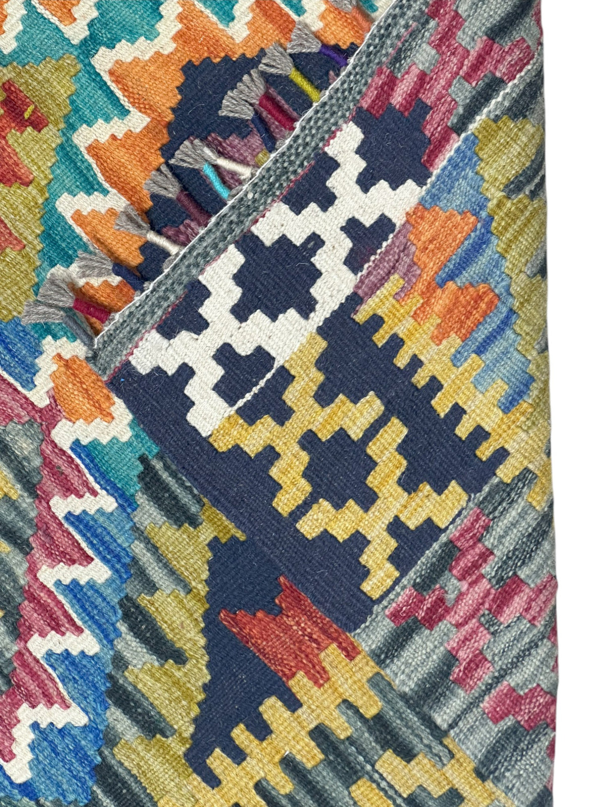 Afghan Kilim Rug 3x5, Olive Green, Navy & Orange, Hand-Woven Wool Flatweave, view 3