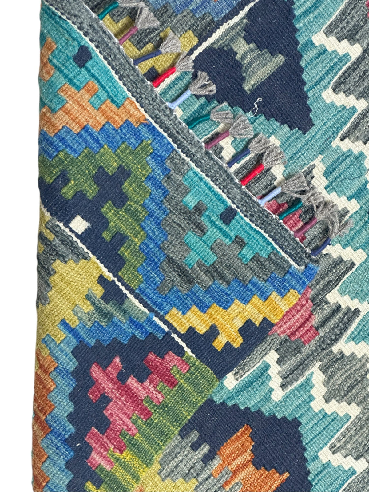 Afghan Kilim Runner 3x7, Teal, Navy & Olive Green, Hand-Woven Wool Flatweave, view 3