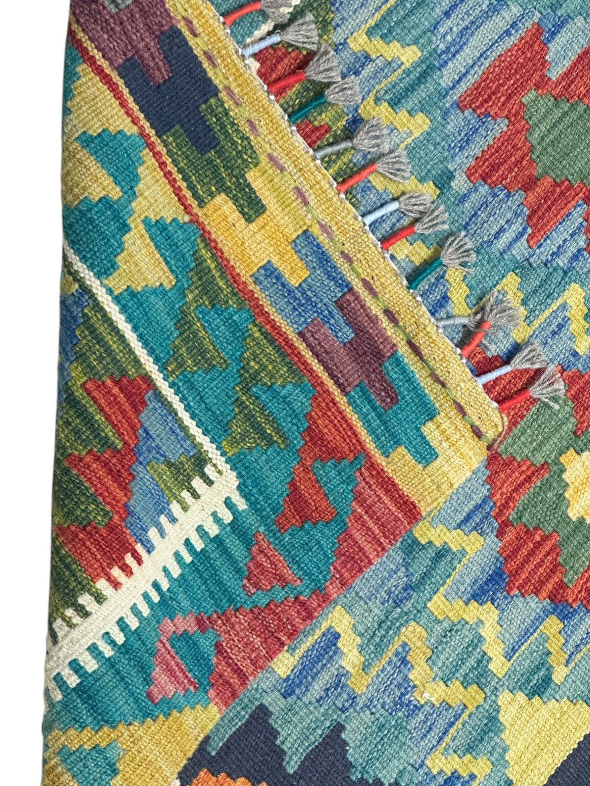 Afghan Kilim Rug 3x5, Blue, Red & Gold, Hand-Woven Wool Flatweave, view 3
