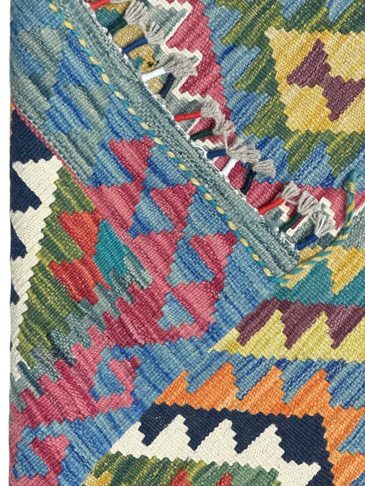 Afghan Kilim Rug 3x5, Teal, Gold & Orange, Diamond Medallion Wool Flatweave, view 3