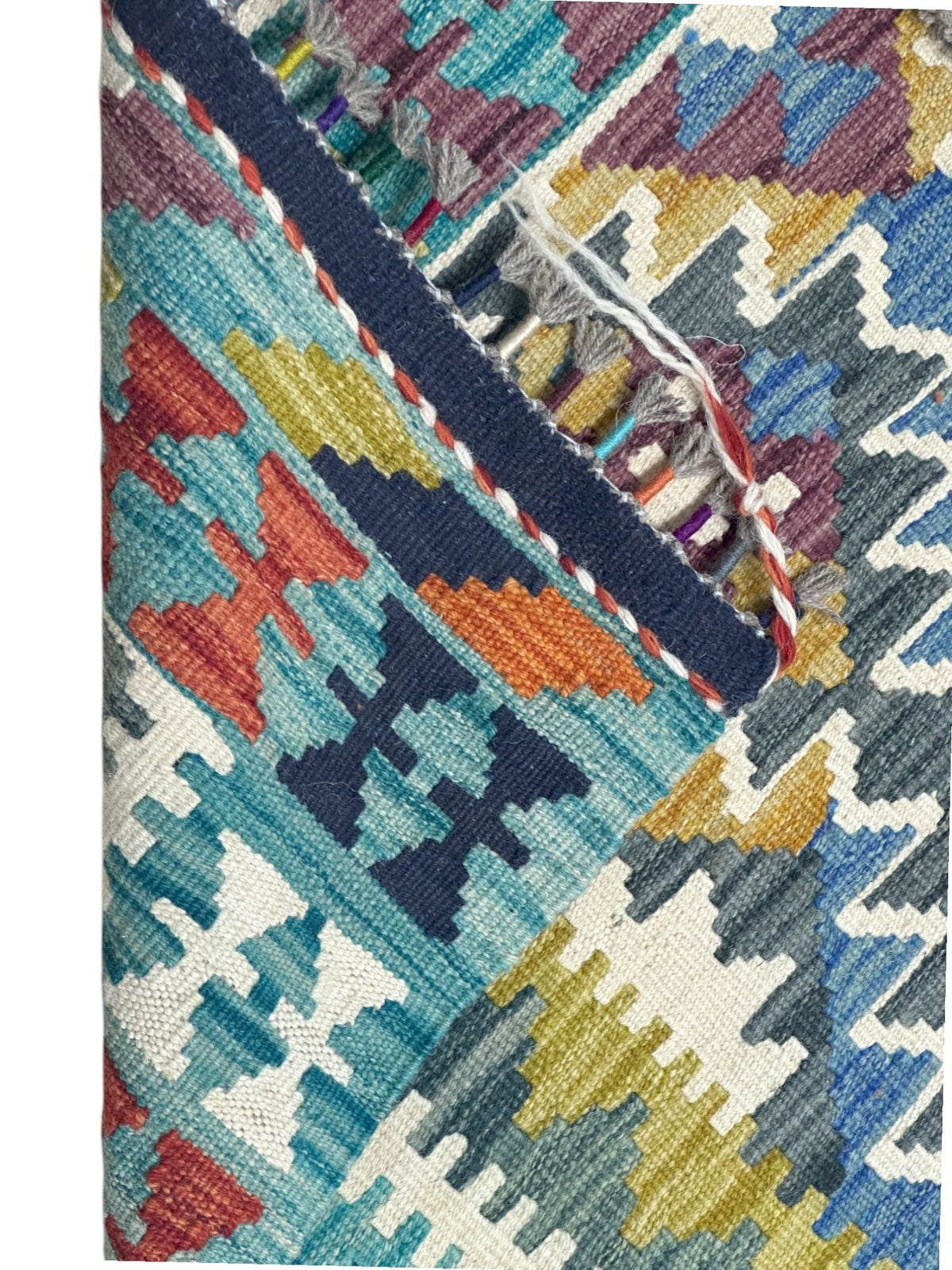 Afghan Kilim Rug 3x5, Teal, Olive Green & Ivory, Hand-Woven Wool Flatweave, view 3