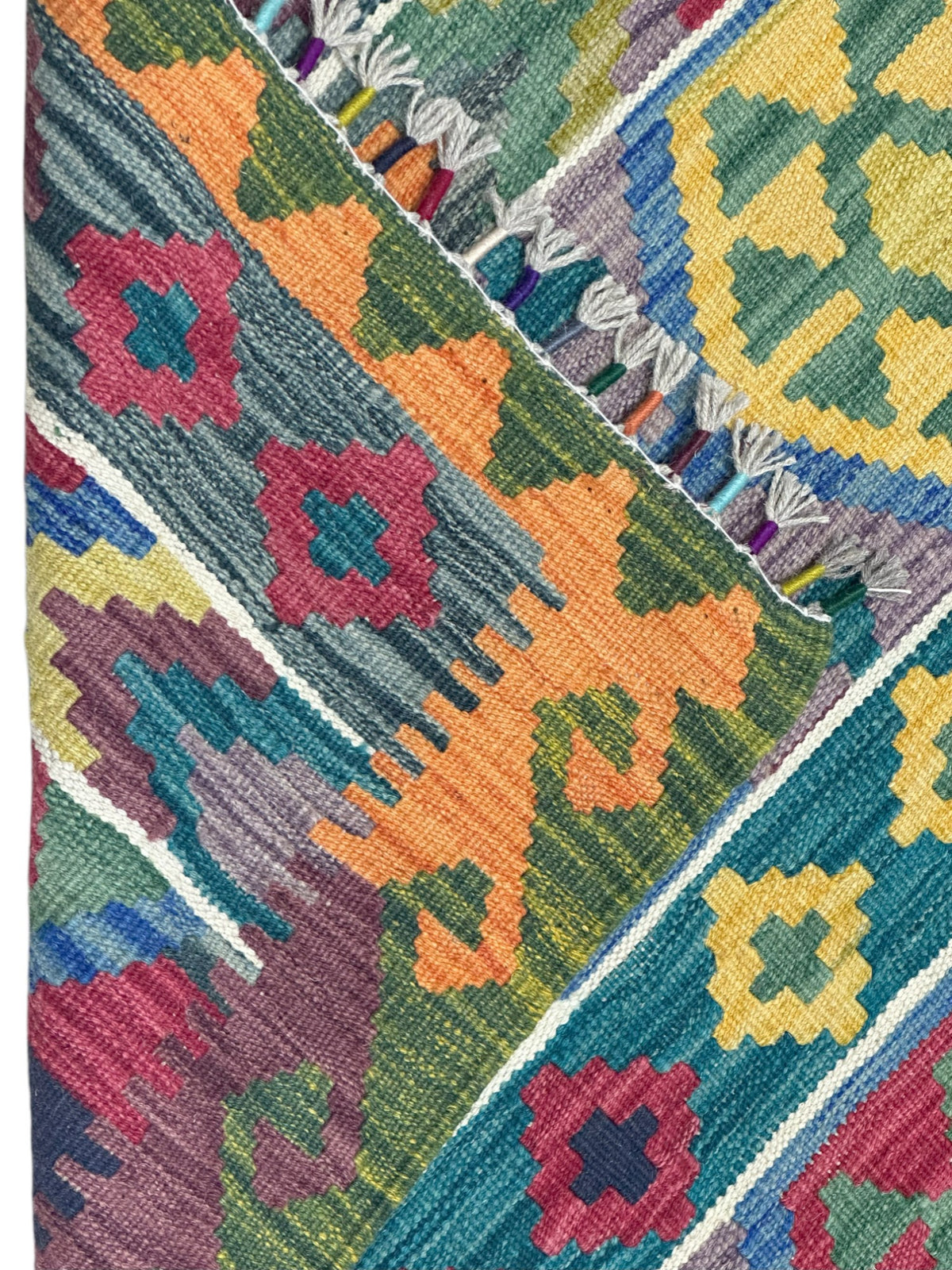 Afghan Kilim Rug 5x7, Teal, Red & Gold, Striped Wool Flatweave, view 3