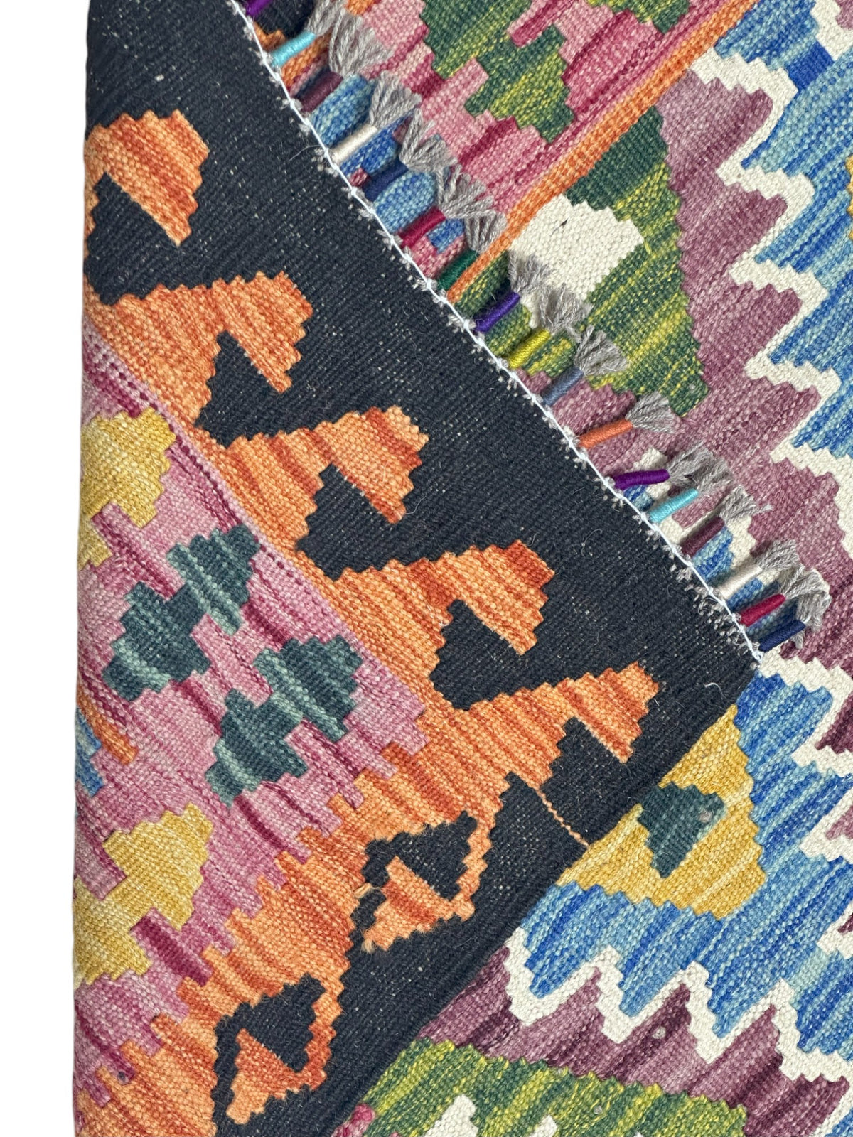 Afghan Kilim Rug 3x5, Black, Orange & Blue, Hand-Woven Wool Flatweave, view 3