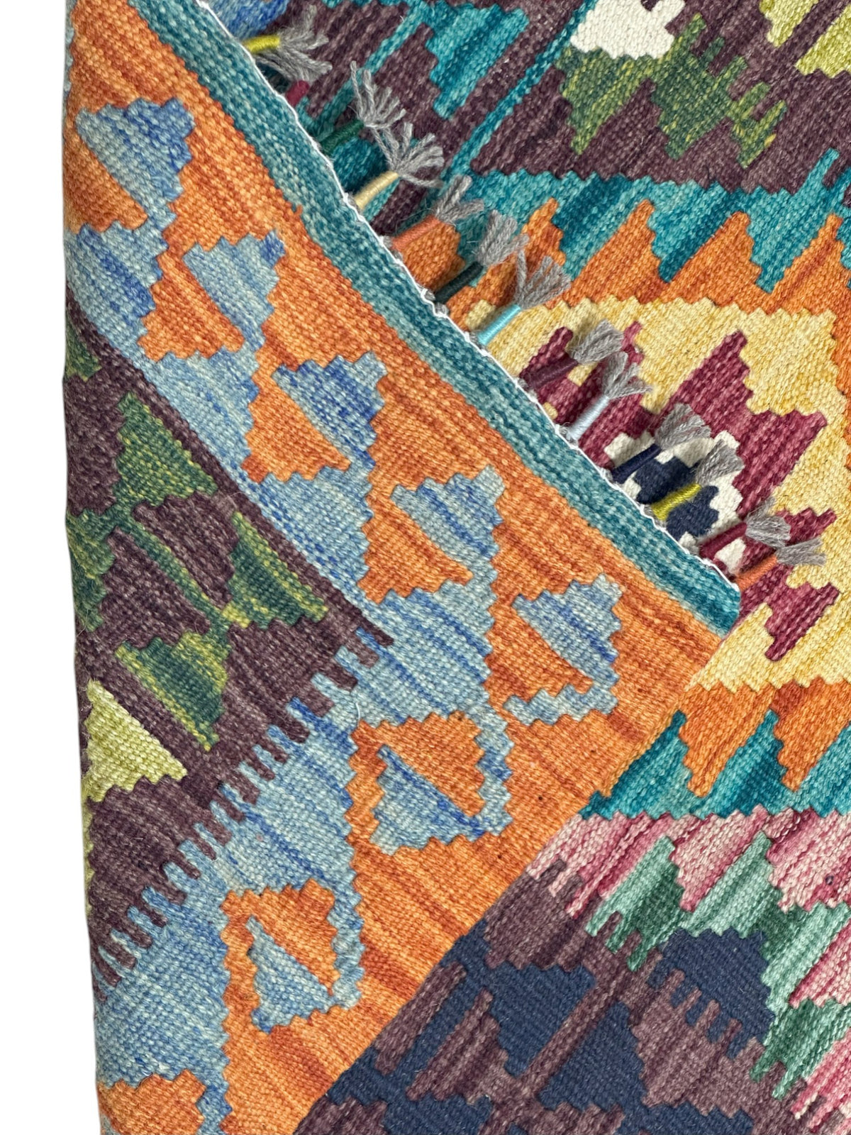 Afghan Kilim Runner 3x6, Orange, Navy & Teal, Hand-Woven Wool Flatweave, view 3
