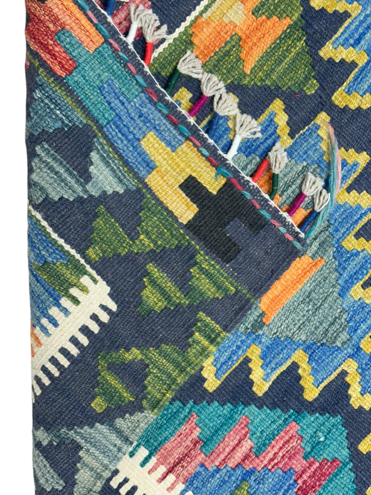 Afghan Kilim Rug 3x5, Green, Blue & Orange, Hand-Woven Wool Flatweave, view 3