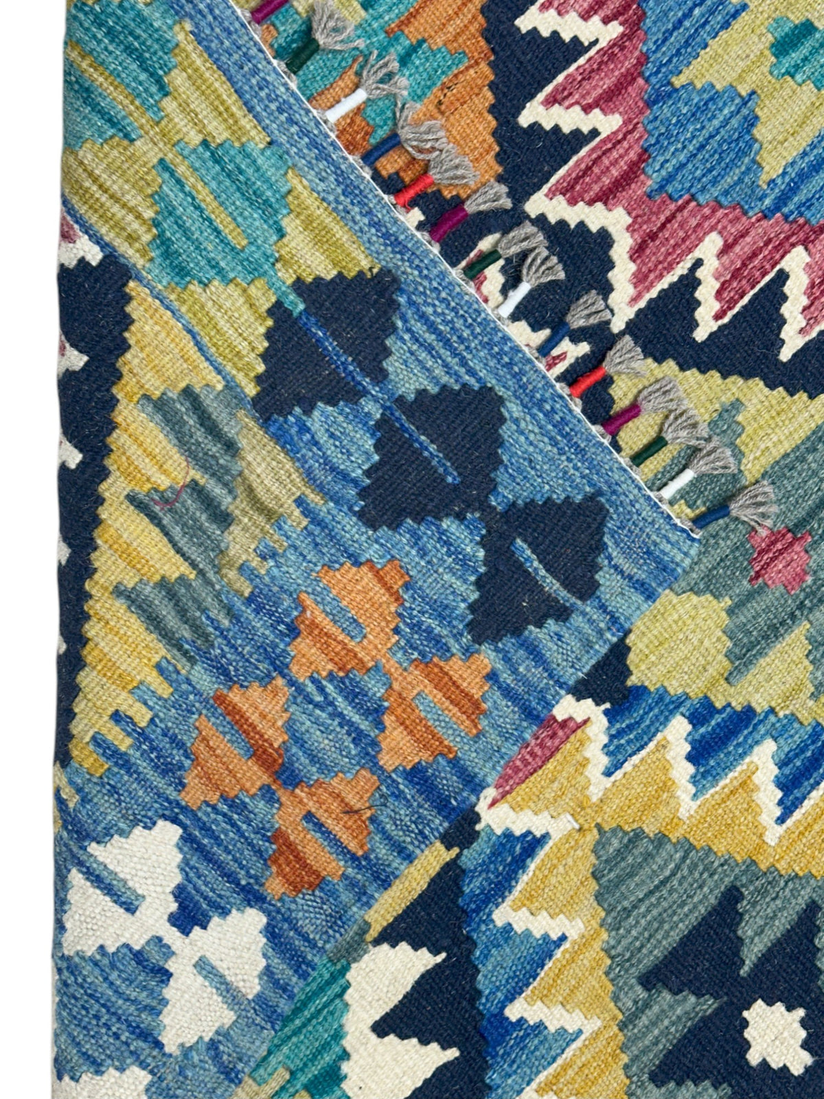 Afghan Kilim Rug 3x5, Blue, Olive Green & Gold, Hand-Woven Wool Flatweave, view 3