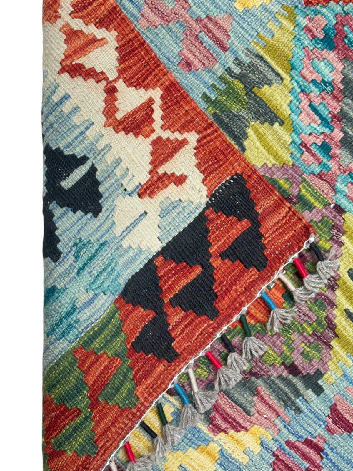 Afghan Kilim Runner 2x6, Rust, Blue & Olive Green, Hand-Woven Wool Flatweave, view 3