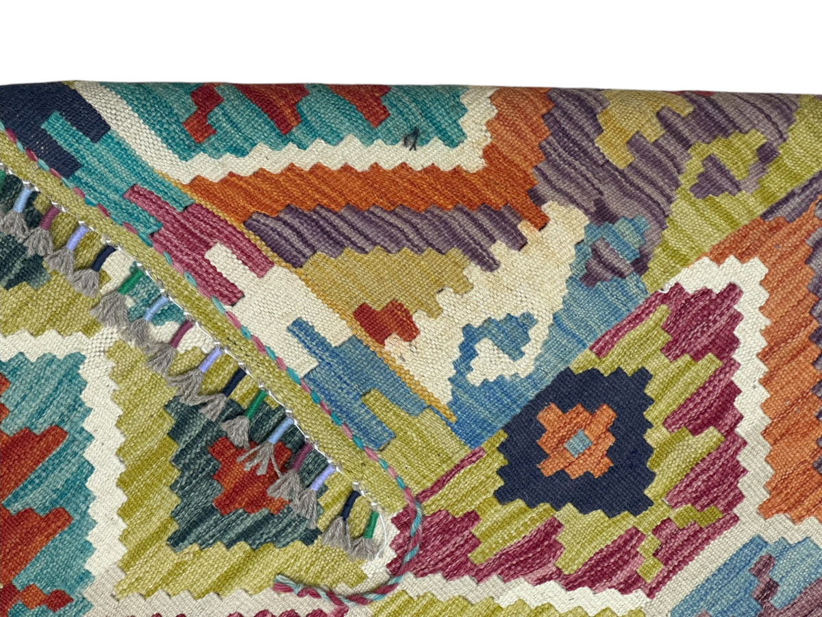 Afghan Kilim Rug 3x5, Olive Green, Rust & Teal, Diamond Lattice Wool Flatweave, view 3