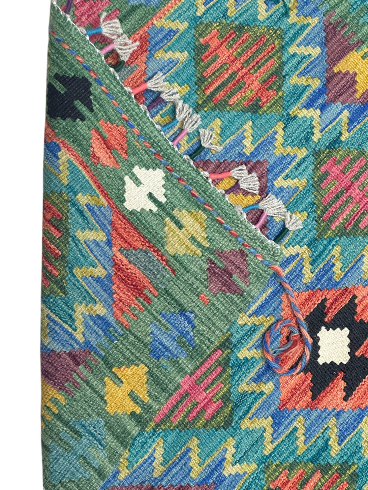 Afghan Kilim Runner 3x7, Blue, Teal & Rust, Hand-Woven Wool Flatweave, view 3