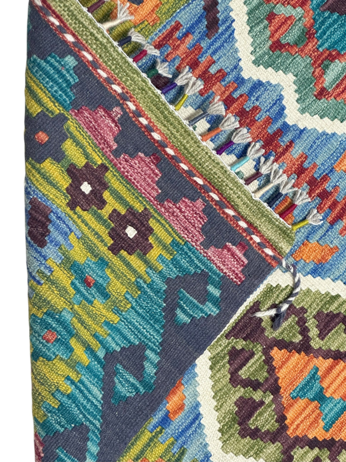 Afghan Kilim Rug 3x5, Olive Green, Navy & Blue, Hand-Woven Wool Flatweave, view 3