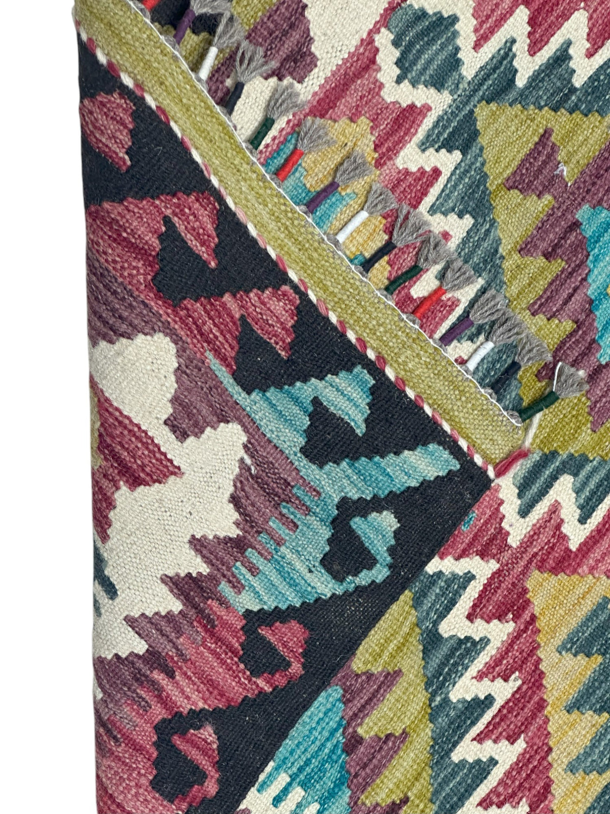 Afghan Kilim Rug 3x5, Black, Pink & Olive Green, Hand-Woven Wool Flatweave, view 3