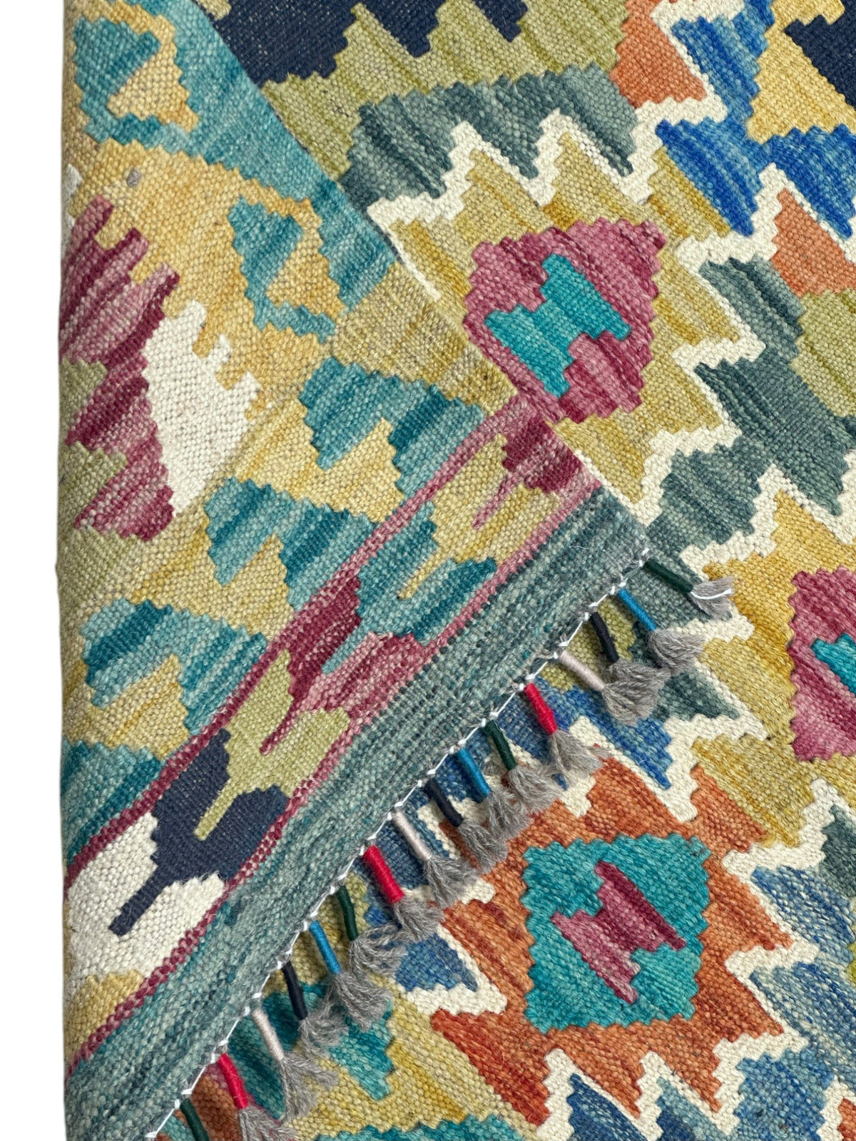 Afghan Kilim Rug 3x5, Olive Green, Teal & Gold, Hand-Woven Wool Flatweave, view 3