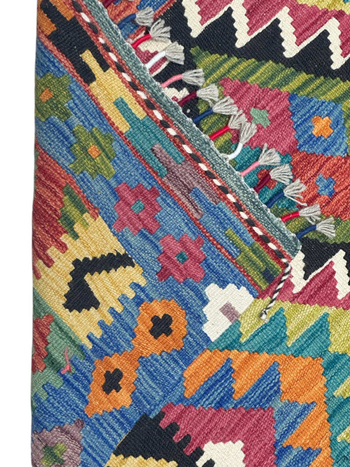 Afghan Kilim Rug 3x5, Blue, Teal & Pink, Hand-Woven Wool Flatweave, view 3