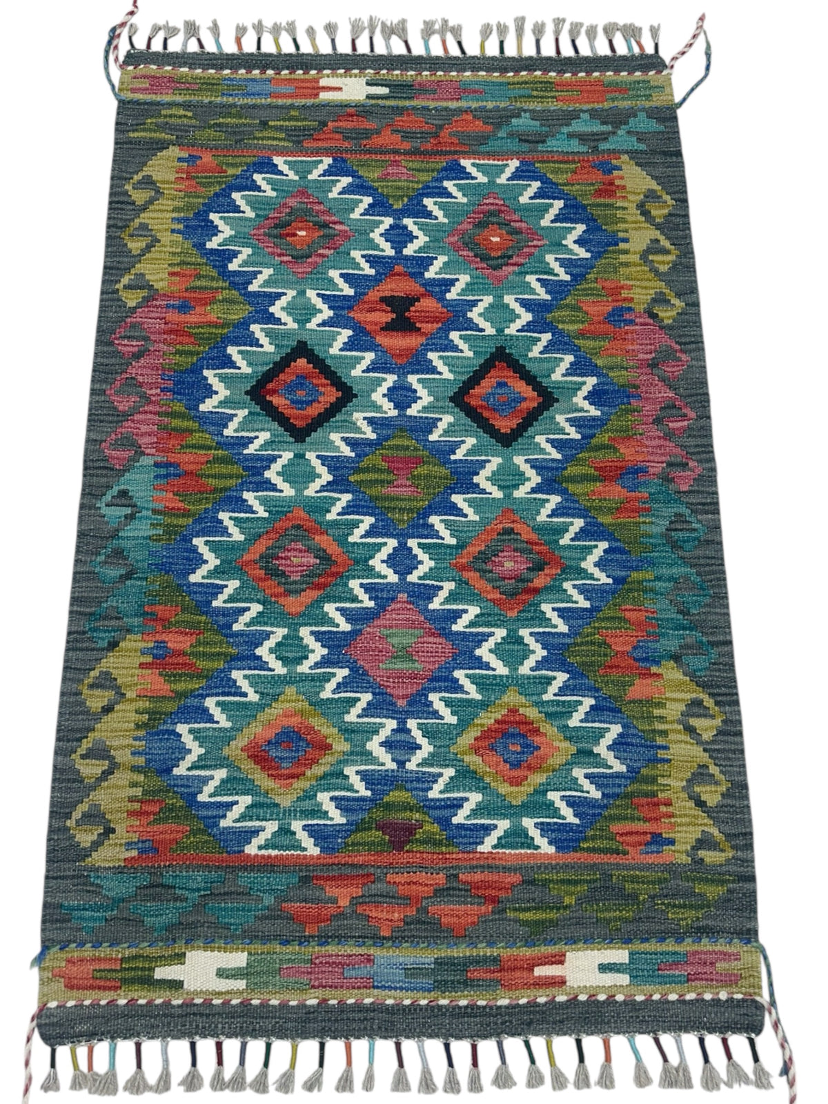 Afghan Kilim Rug 3x4, Teal, Blue & Olive Green, Hand-Woven Wool Flatweave, view 2