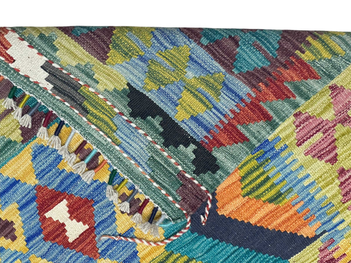 Afghan Kilim Rug 3x5, Teal, Gold & Orange, Hand-Woven Wool Flatweave, view 3