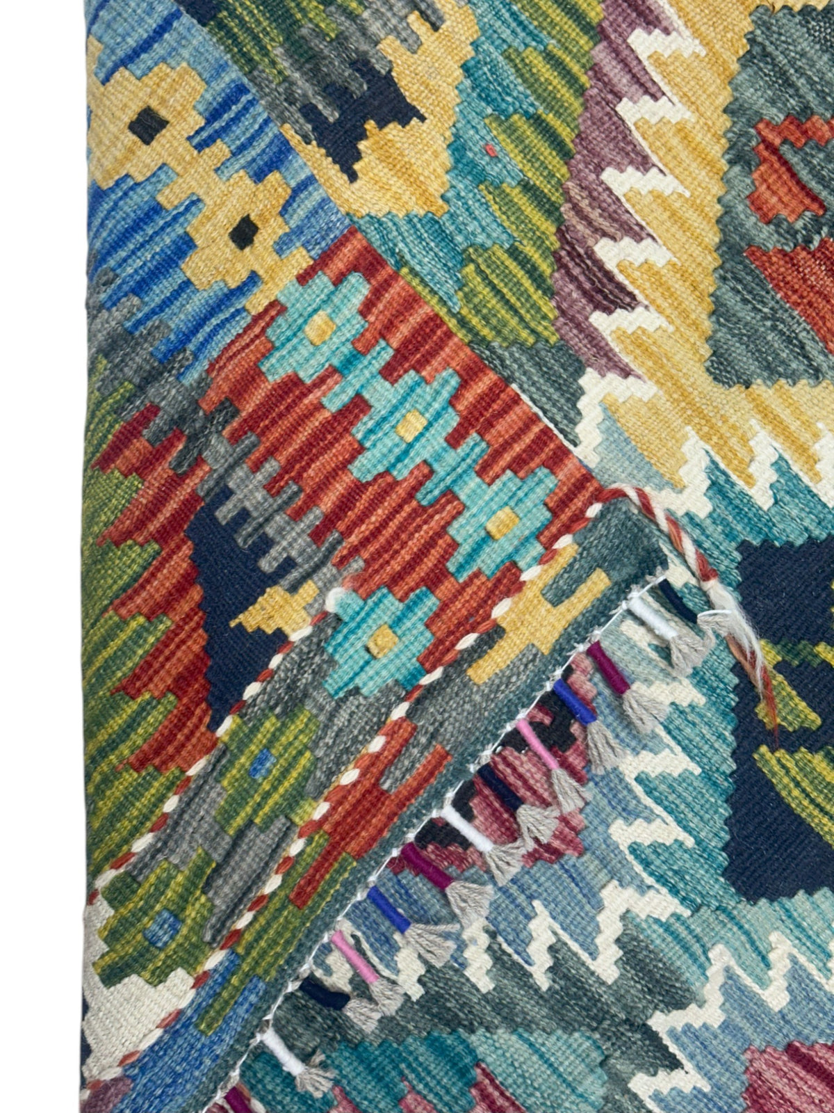 Afghan Kilim Rug 3x5, Olive Green, Teal & Gray, Hand-Woven Wool Flatweave, view 3