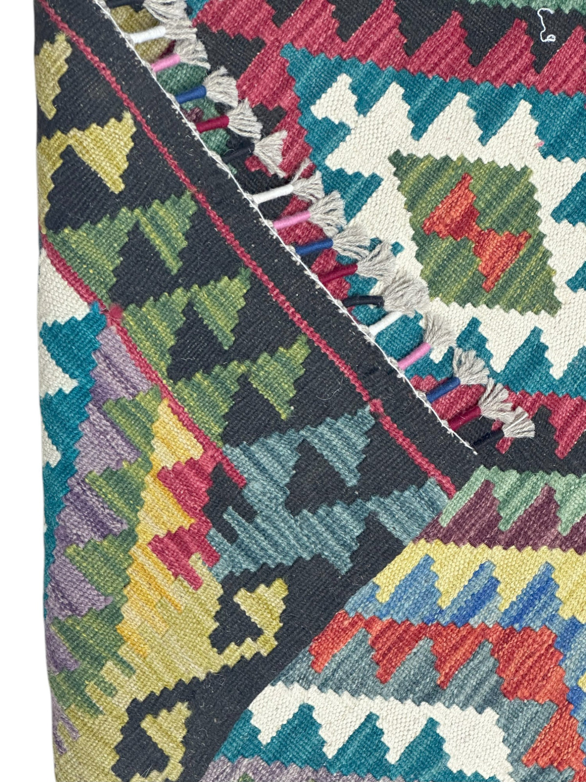 Afghan Kilim Rug 3x5, Black, Teal & Pink, Hand-Woven Wool Flatweave, view 3
