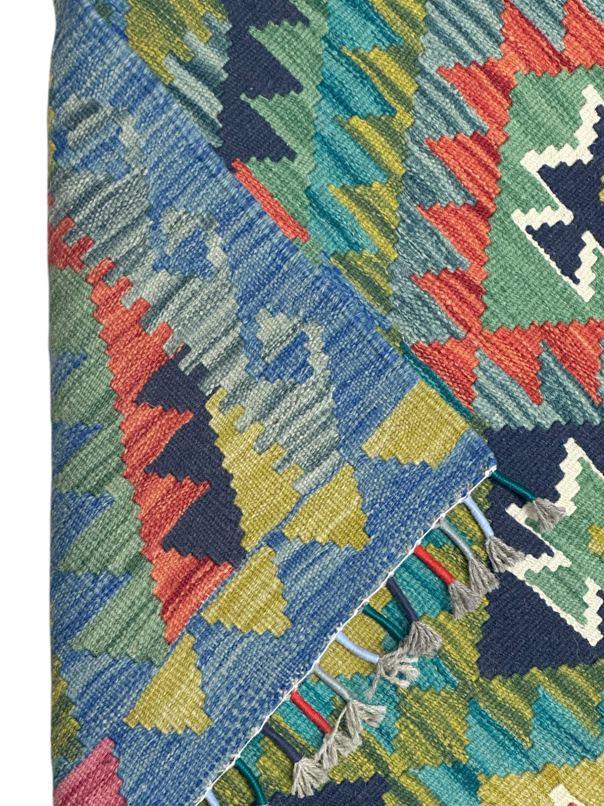 Afghan Kilim Rug 3x5, Blue, Olive Green & Teal, Hand-Woven Wool Flatweave, view 3