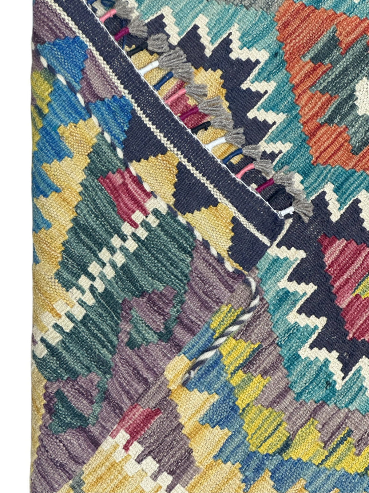 Afghan Kilim Rug 4x5, Gray, Gold & Navy, Hand-Woven Wool Flatweave, view 3