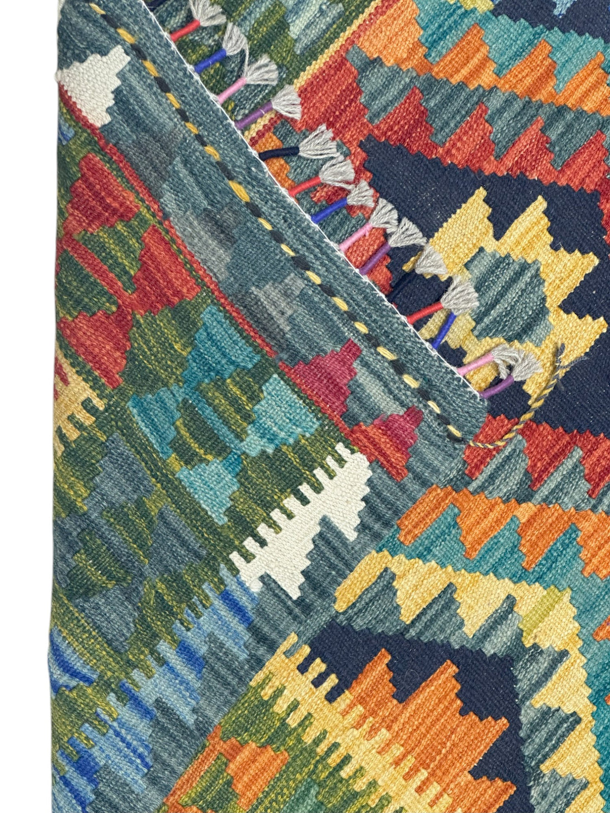 Afghan Kilim Rug 3x5, Teal, Olive Green & Orange, Hand-Woven Wool Flatweave, view 3