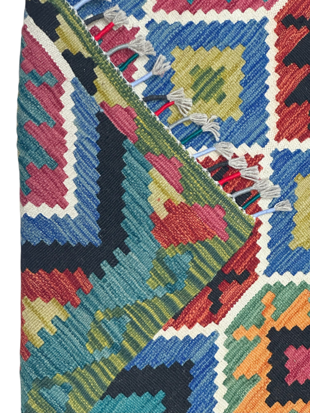 Afghan Kilim Rug 3x5, Green, Teal & Red, Hand-Woven Wool Flatweave, view 3
