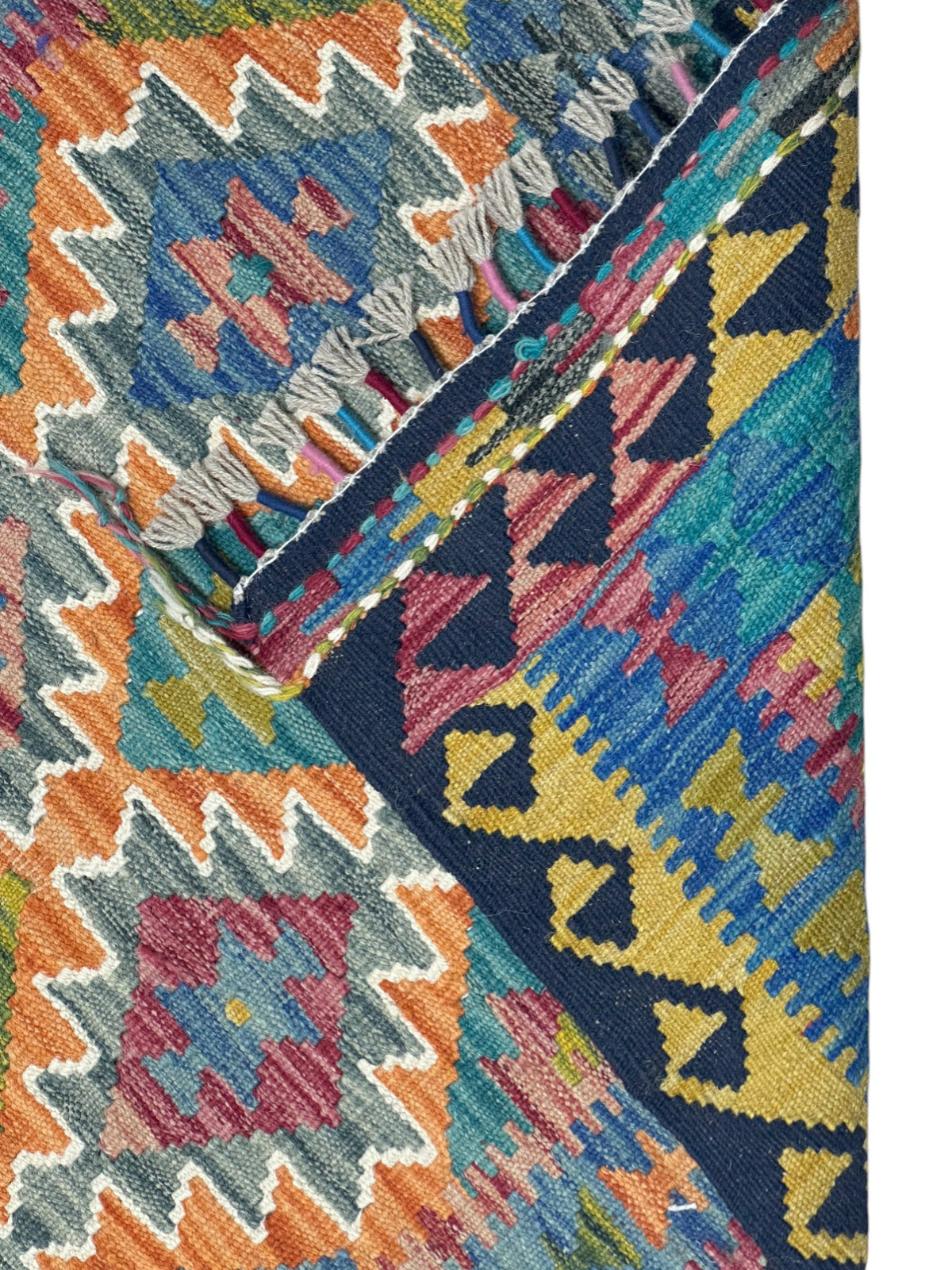 Afghan Kilim Rug 3x4, Navy, Orange & Teal, Hand-Woven Wool Flatweave, view 3
