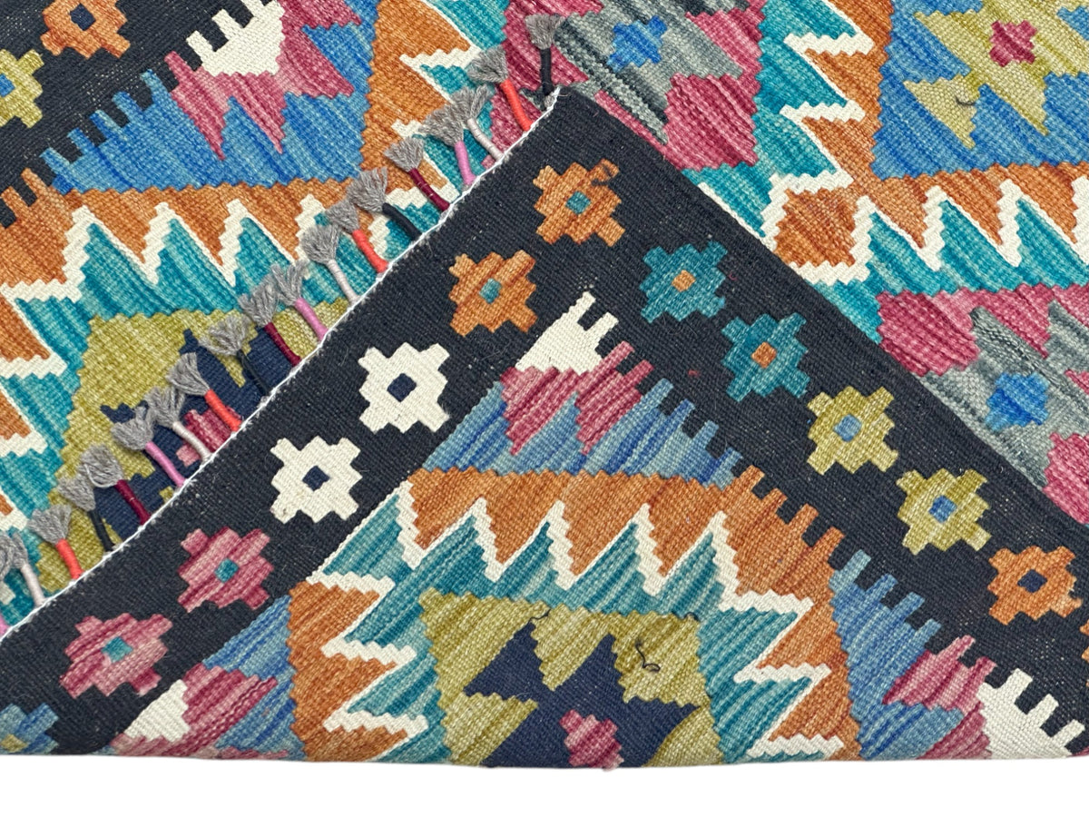 Afghan Kilim Rug 3x4, Orange, Teal & Navy, Hand-Woven Wool Flatweave, view 3