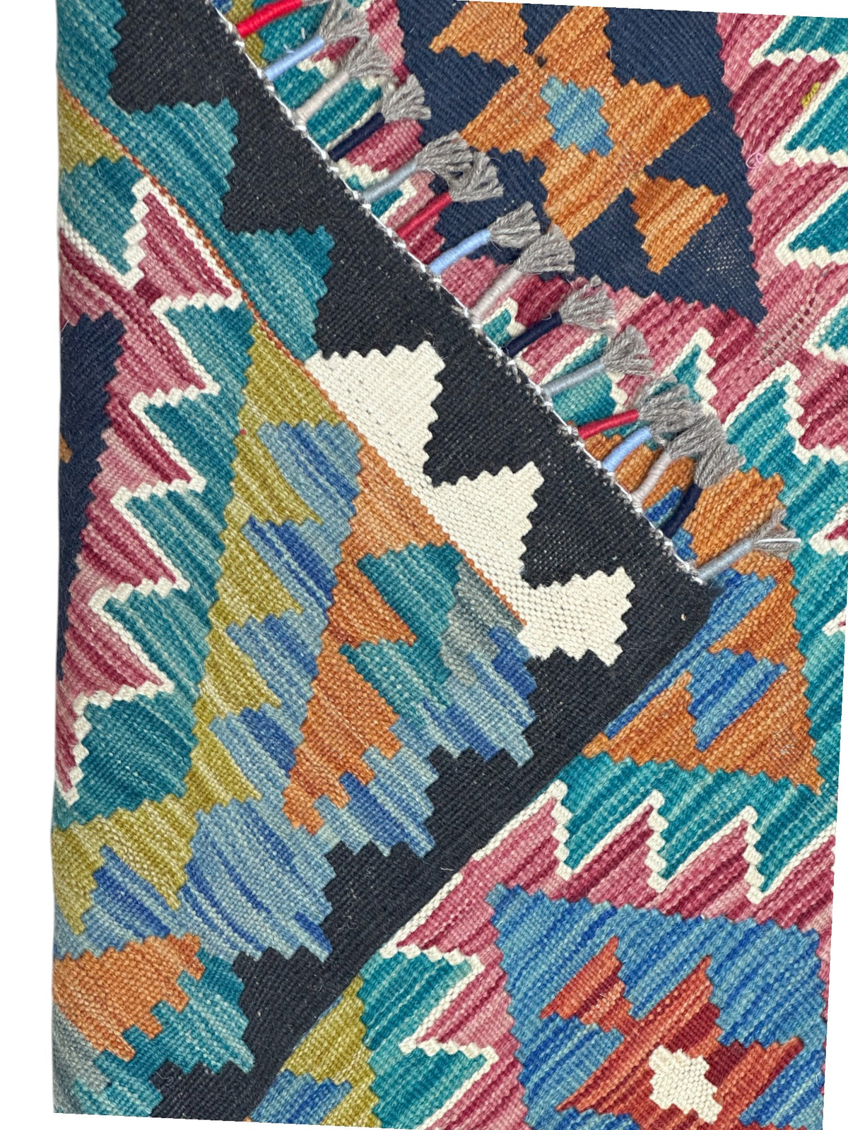 Afghan Kilim Rug 3x4, Teal, Navy & Pink, Hand-Woven Wool Flatweave, view 3